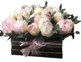 Box of Beautiful Pink and White Peonies with Greenery - Flowers Box London