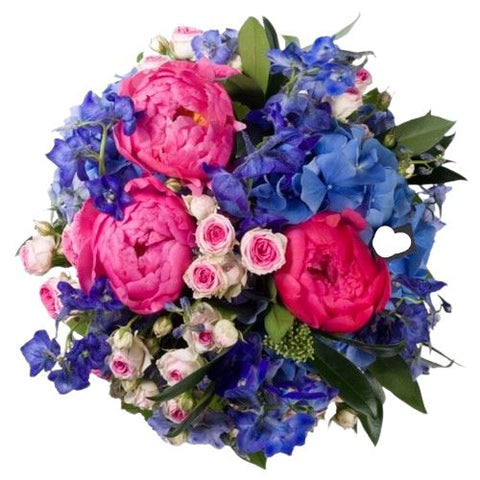Coral Peony & Royal Blue Hydrangea Bouquet