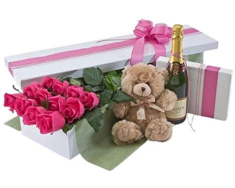 Dozen Red Roses with Champagne & Teddy Bear | Fast UK Delivery ...