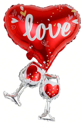 Heart-Shaped Balloon Adorned with Affection and wine glasses 70cm
