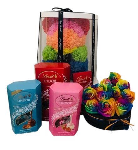 Rainbow Roses in a Box with Rose Teddy Bear & Chocolate - Perfect Gift ...