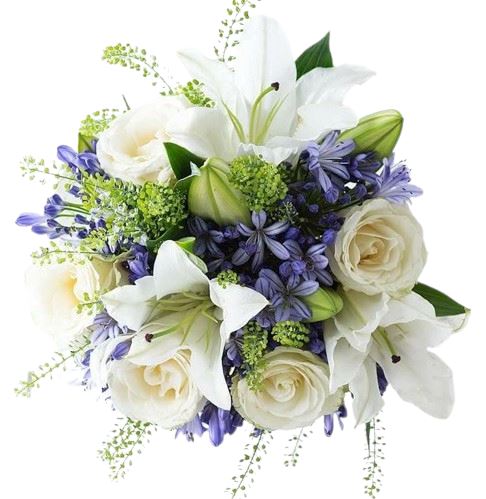 blue and white lily bouquet The White Lily in Blue Bouquet: Elegant Pastel Floral Arrangement from Flowers Box London