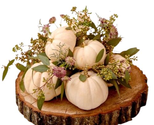Mini Pumpkin Arrangement on Wooden Slice