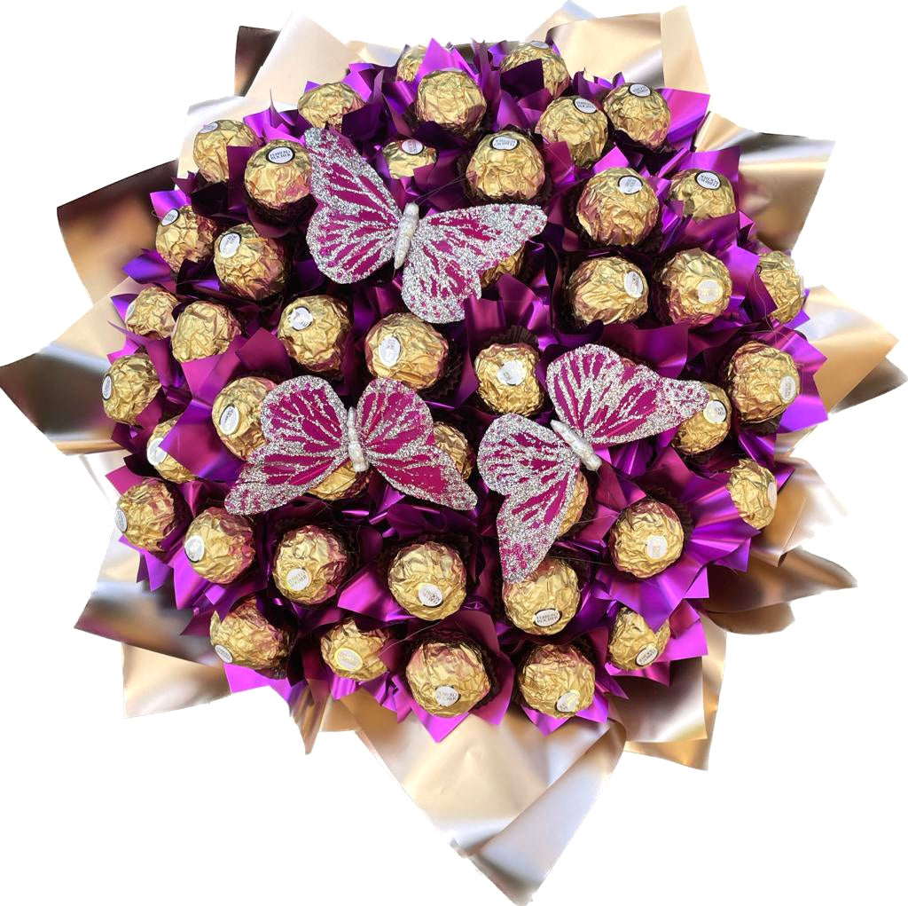 Ferrero Rocher Pink Roses Silver Butterfly Chocolate Bouquet Any