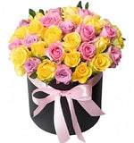 Pink and Yellow Roses Hat Box - Flowers Box London