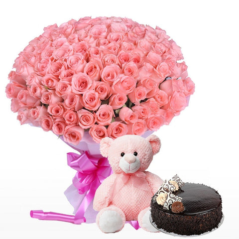 Pink Roses Bouquet with Teddy and Cake