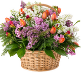 Basket of Lilac and Orange Tulips