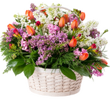 Basket of Lilac and Orange Tulips