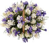 Basket of White Hyacinth and Blue Irises