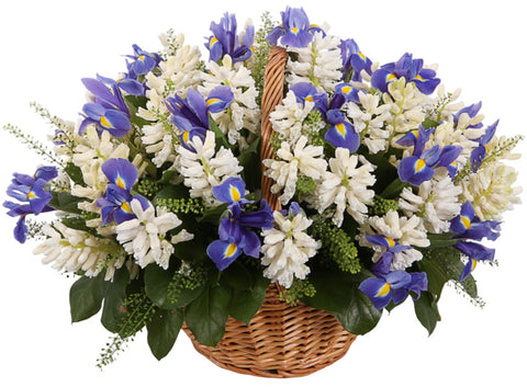 Basket of White Hyacinth and Blue Irises