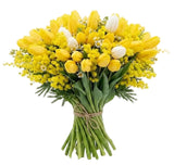 Charming Bouquet of Mimosa With Tulips and Tanacetum