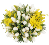 Charming Bouquet of Mimosa With Tulips and Tanacetum