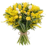Charming Bouquet of Mimosa With Tulips and Tanacetum