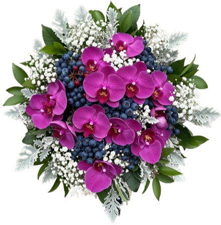 Charming Bouquet of Phalaenopsis Orchids with Gypsophila and Berries
