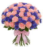 Elegant Bouquet of Roses with Blue Corflowers