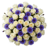 Elegant Bouquet of Roses with Blue Corflowers