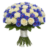 Elegant Bouquet of Roses with Blue Corflowers