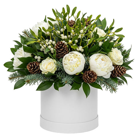 Festive Box of White Peonies and Roses