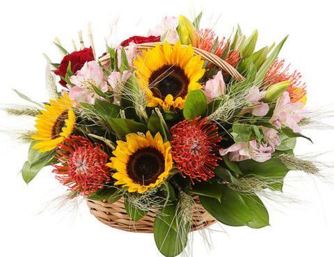 Luxury Exotic Blooms and Sunflowers Basket