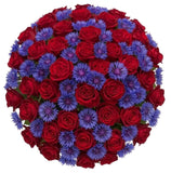 Romantic Bouquet of Red Roses with Blue Corflowers