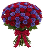 Romantic Bouquet of Red Roses with Blue Corflowers