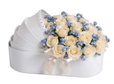 Roses with Forget Me Not in Cradle-Shaped Box