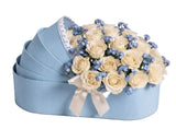 Roses with Forget Me Not in Cradle-Shaped Box