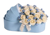Roses with Forget Me Not in Cradle-Shaped Box