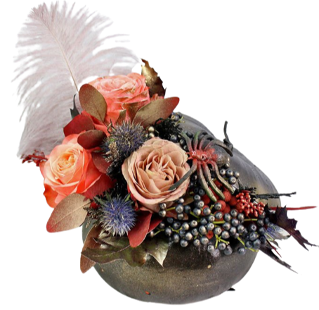 Rustic Black Pumpkin of Peach Roses and Feather