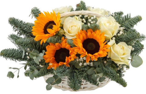 Sunflowers and White Roses Festive Basket