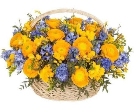 Yellow Ranunculus and Freesias with Hyacinths Basket