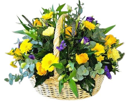 A Basket of Yellow Flowers with a Purple Touch