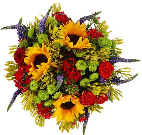 A Bouquet of Sunflowers and Red Blooms