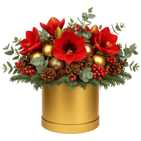 Amaryllis with Gold Baubles Festive Box - Flowers Box London