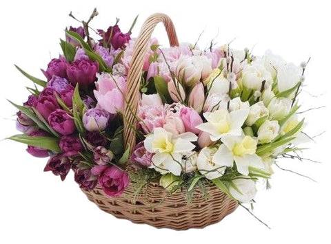 Amazing Basket of Gradient Tulips and Daffodils