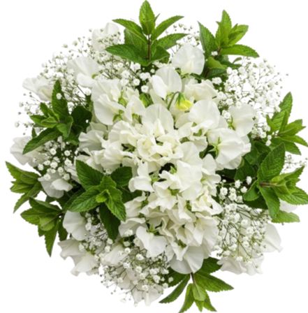 Aromatic Bouquet of Sweet Pea and Gipsophila with Mint Leaves