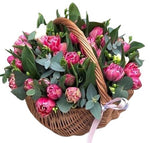 Basket of Double Tulips and Fragrant Freesias