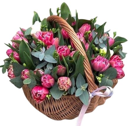 Basket of Double Tulips and Fragrant Freesias