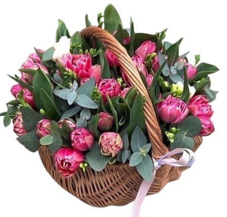 Basket of Double Tulips and Fragrant Freesias - Flowers Box London