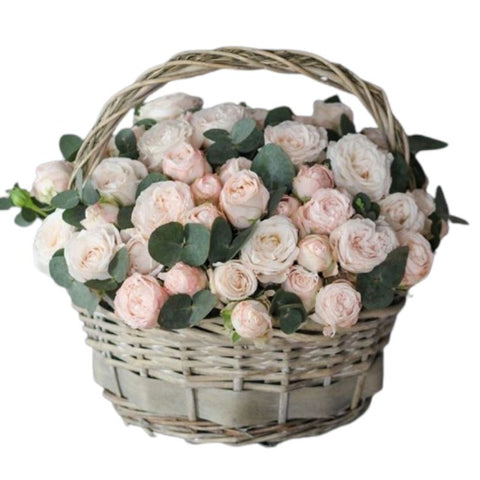 Basket of Light Pink Spray Roses with Eucalyptus