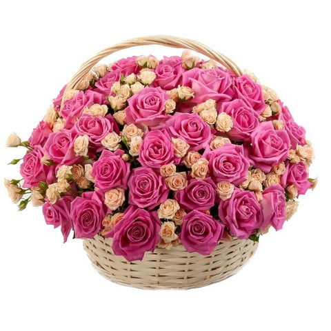 Basket of Pink Roses and Peach Spray Roses - Flowers Box London