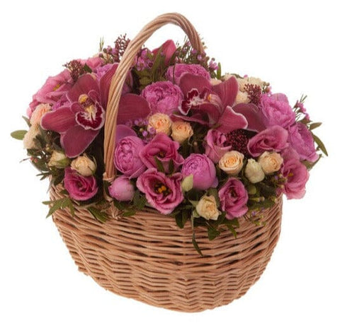 Basket of Spray Roses with Cymbidium Orchids - Flowers Box London