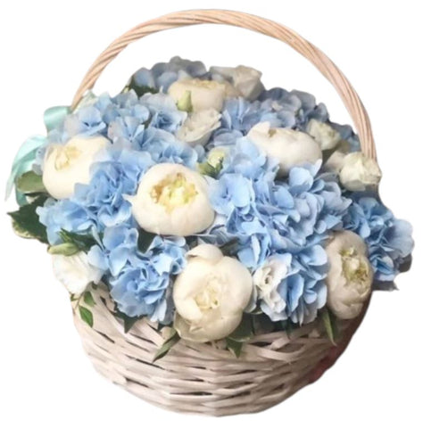 Basket of White Peonies in Blue Hydrangea