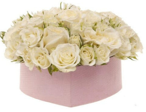 Beautiful White Spray Roses Heart Box