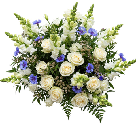 Blue and White Bouquet of Roses and Cornflowers
