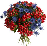 Blue Eryngium and Red Berries Hypericum Bouquet - Flowers Box London