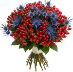 Blue Eryngium and Red Berries Hypericum Bouquet