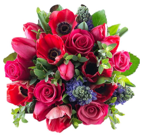 Blue Hyacinth in Red Bouquet - Flowers Box London