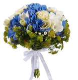 Blue Hydrangea with Roses and Feesias Bridal Bouquet - Flowers Box London