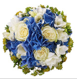 Blue Hydrangea with Roses and Feesias Bridal Bouquet